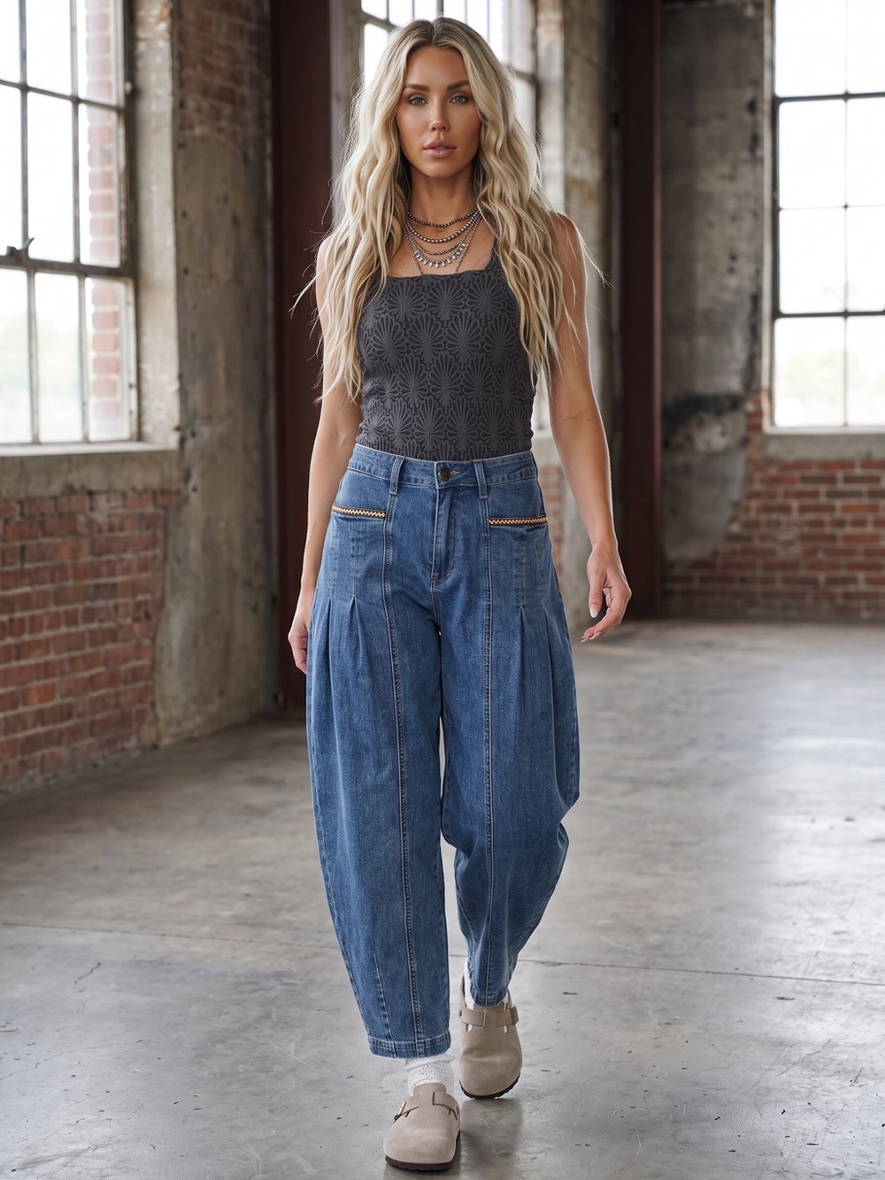 NWT Easel Washed Denim Tapered Pleated Aztec Trimmed Barrel Jeans Pants